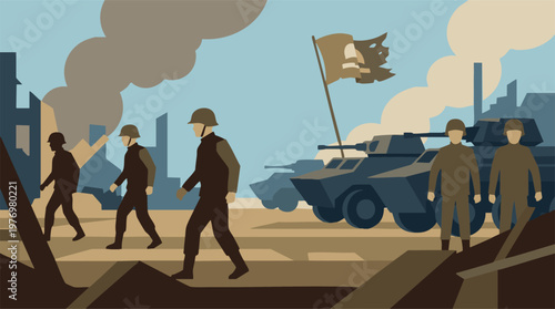 Military soldiers and armored vehicles in a war-torn city with a tattered flag