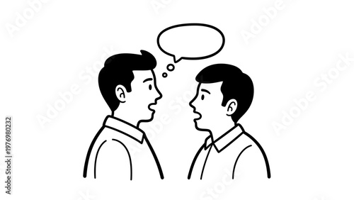 Two men talking with a speech bubble, symbolizing communication, discussion, and idea exchange. Ideal for business, education, or personal interaction themes.