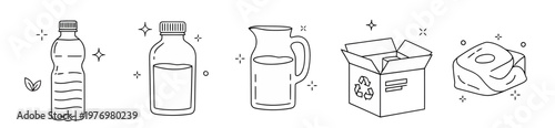 Outline icons of various products including a plastic bottle, glass container, pitcher, recycling box, and soap, perfect for ecofriendly and packaging related projects.