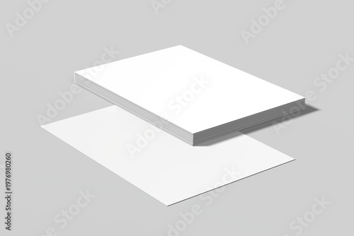 Minimalist mockup of a stack of blank A4 paper sheets with a single sheet underneath, arranged on a clean neutral background