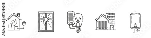 A set of handdrawn icons depicting energy efficiency, home heating systems, and potential repair issues for residential properties.