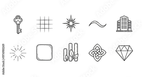 Variety of black and white hand sketched line icons, including key, grid, stars, building, growth bars, Celtic knot, and diamond, useful for modern digital and print media projects.