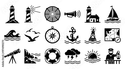 Collection of nautical icons for marine navigation, sea adventure, and lighthouse themes, ideal for graphic design and web projects.