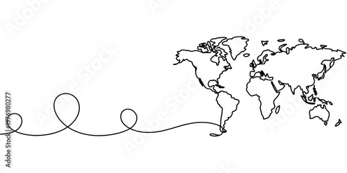 A single line forms a world map and a looping path, symbolizing global connection, travel, and communication. Ideal for international business, logistics, and network concepts.