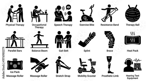 Diverse set of therapy and rehabilitation icons featuring medical equipment and activities for healthcare, recovery, and wellness applications.