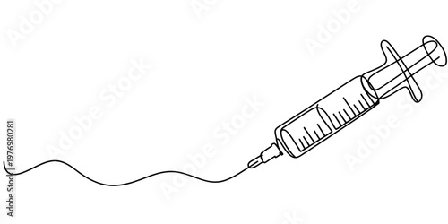 Minimalist continuous line drawing of a syringe with a wavy fluid line, symbolizing health, medicine, and healthcare procedures like vaccination and therapy.
