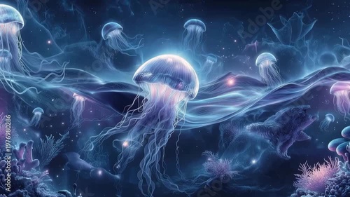 Ethereal glowing jellyfish dance in ocean depths vibrant underwater scene digital art mystical environment surreal viewpoint