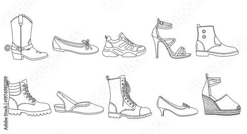 Set of black and white outline shoe types, perfect for fashion and style guides, illustrating different footwear designs and apparel concepts.