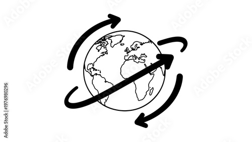 Minimalist outline of the Earth globe with arrows symbolizing global movement, connectivity, and communication for worldwide concepts.