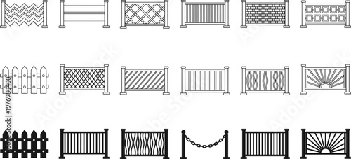 Comprehensive collection of diverse fence and gate vector icons featuring wooden picket, metal railing, and chain link designs for landscaping and architectural boundary projects.