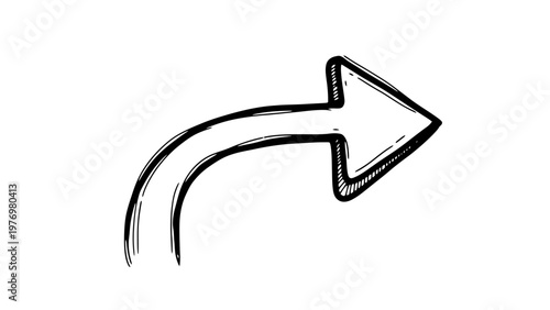 Handdrawn black arrow curving right, featuring a distinct sketch style. Perfect for indicating direction, next steps, or navigation in infographics and presentations.
