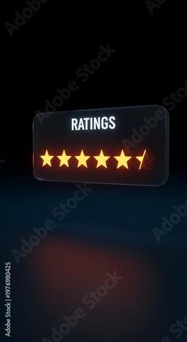 3D Glowing Golden Star Rating Badge Floating on Dark Background with Blue Neon Light Reflection, Five Star Review Concept for Business, App, Customer Feedback and E-Commerce