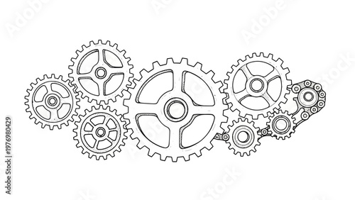 Handdrawn sketch of interlocking gears and a chain system. Represents teamwork, mechanical progress, and industrial engineering concepts. Ideal for technical or business visuals.