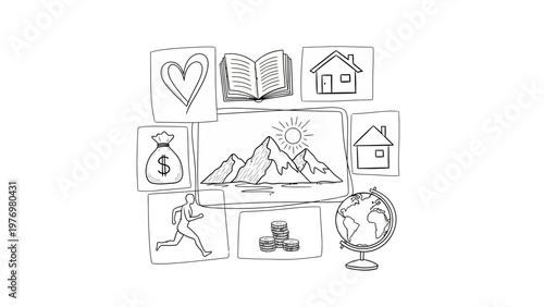 Hand drawn doodles represent various life goals love, home, knowledge, travel, nature, money, and personal progress, ideal for motivational themes and goal planning.