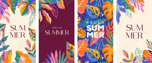 Exotic Hello Summer vertical backgrounds with colorful jungle leaves. Modern tropical banner and poster vector templates.