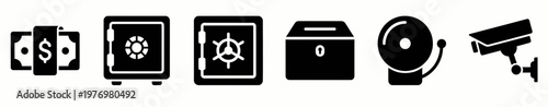 A collection of security and finance icons including money, safe boxes, an alarm bell, a secure box, and a CCTV camera, perfect for illustrating concepts of protection, banking, and