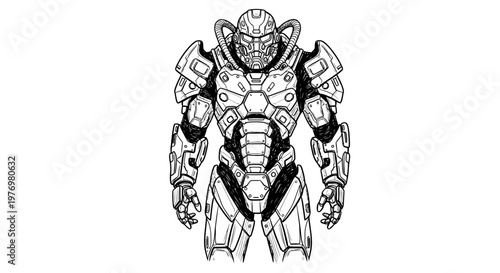 Line drawing of powerful futuristic armored combat suit with intricate plates, suitable for gaming assets and technological defense visuals.