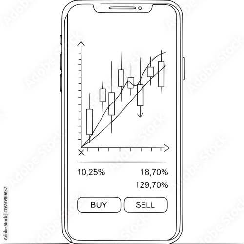 Smartphone displaying stock market candlestick chart with buy and sell buttons for trading analysis