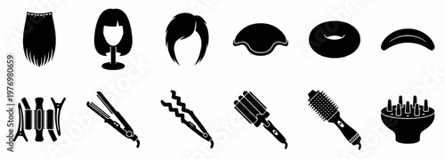 Comprehensive set of hair styling tools and accessories, including wigs, extensions, irons, crimpers, and diffusers, ideal for beauty and haircare projects.