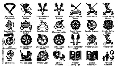 Collection of essential black and white vector icons representing baby stroller features, safety tips, and parental guidance for product marketing and informative materials.