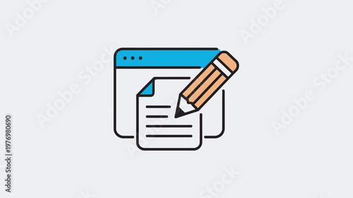 A graphic illustration of a browser window with a pencil writing on a document