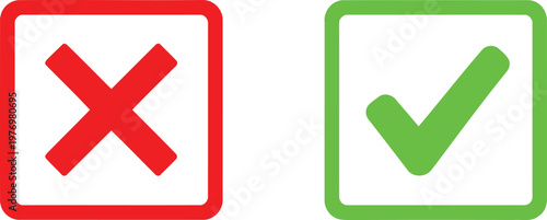 A graphic design featuring a red cross mark and a green check mark inside rounded squares icons. Vector
