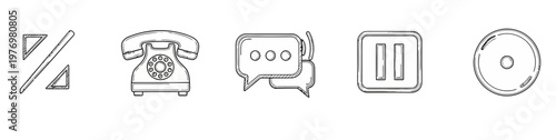 Handdrawn outline icons percentage, telephone, chat bubbles, pause, and disc. Perfect for app interfaces, web design, business concepts, and multimedia controls, offering a unique sketched aesthetic.