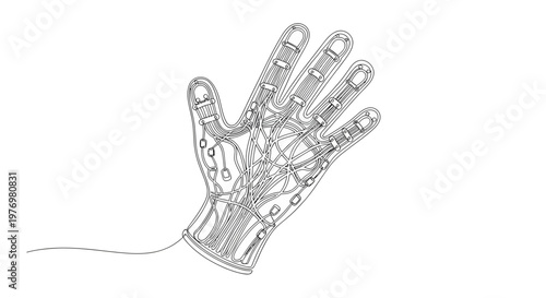 Single continuous line drawing of a futuristic robotic hand, showcasing intricate internal components for technology, engineering, and medical innovation concepts.