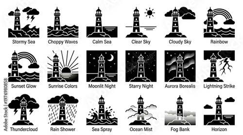 Variety of lighthouse icons showing different weather and sky conditions. Ideal for marine safety, navigation, and weather apps.