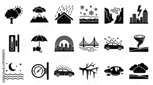 Diverse weather and climate icons showcasing natural phenomena, environmental conditions, and urban elements, suitable for forecasts, applications, and educational content.