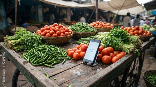 A smartphone resting on a wooden cart among fresh produce like tomatoes and peppers, displaying a payment application.