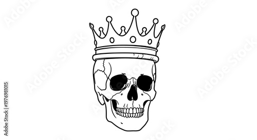 Monochrome line art of a human skull with a crown, representing power and mortality, ideal for gothic or edgy designs.