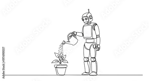A robot waters a potted plant, illustrating artificial intelligence aiding growth and sustainability. Perfect for themes of technology, nature, future, and environmental care initiatives.