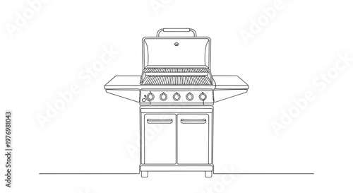 Clean single line drawing of an open gas barbecue grill, ideal for outdoor cooking concepts, summer party invitations, or kitchen appliance diagrams and product showcases.