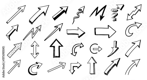 Collection of diverse hand drawn doodle arrows for navigation, highlighting, or indicating direction in various graphic design applications.
