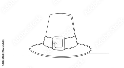 Single line drawing of a pilgrim hat with a buckle, suitable for holiday themes, historical content, or minimalist design elements.
