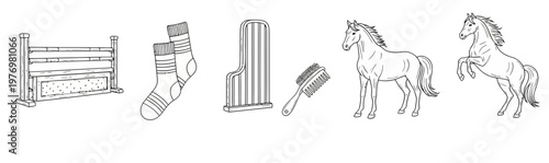 Black and white line art of horses and equestrian gear like a jump, socks, brush, and stable fork. Ideal for educational or craft projects.