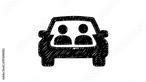 Sketchy black and white icon of a car with two people inside, symbolizing carpooling, ride sharing, or transportation services. Ideal for apps, websites, or informational graphics.