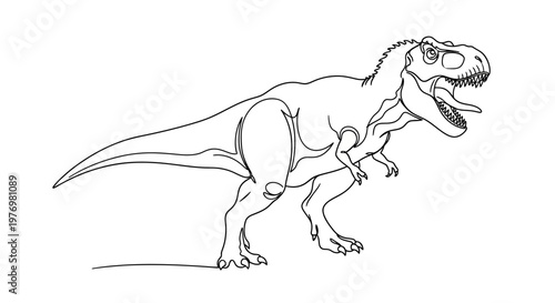 Dynamic Tyrannosaurus Rex continuous line drawing captures a roaring prehistoric beast. Ideal for educational content, minimalist design, and ancient animal themes.