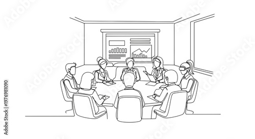 Business professionals engage in a meeting around a table, reviewing data on a screen, with one person using VR goggles, depicting modern corporate collaboration and technology.