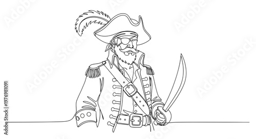 A continuous line drawing of a pirate captain with an eye patch, hat, and cutlass, perfect for adventure stories, childrens books, or themed marketing materials.
