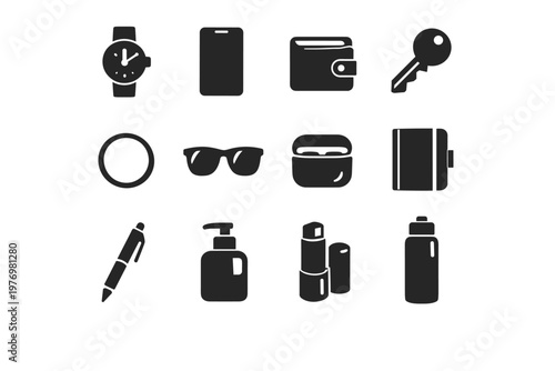 Pocket balm lip leather device ring sunglasses essentials keychain smartphone icons vector