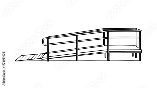 Outline drawing of a mobility access ramp with safety handrails, ideal for illustrating architectural plans, universal design concepts, and accessibility solutions in various environments.