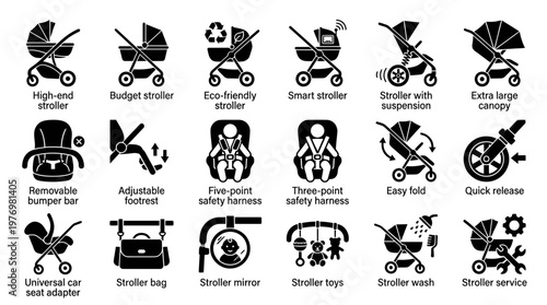 Set of black and white glyph icons representing different stroller types, safety features, accessories, and service options for product specifications and informational materials.