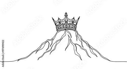 A majestic royal crown rests on a mountain of organic roots, symbolizing strength, aspiration, and enduring power. Ideal for prints, logos, or thematic visual content.