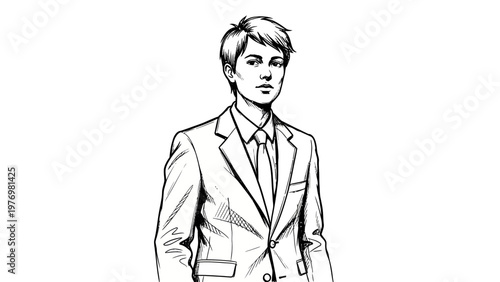 Monochrome sketch of a confident young man in a suit, perfect for business presentations, corporate branding, and educational content depicting professionalism and success.