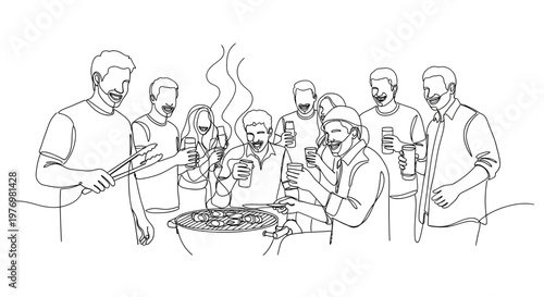 Single line drawing of happy friends at a barbecue party, grilling food, drinking, and socializing, celebrating friendship and good times.