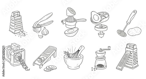 Collection of various kitchen tools and fresh ingredients for cooking and food preparation, suitable for culinary content.