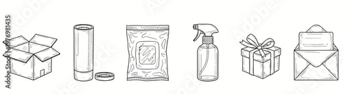 Hand drawn outline collection of various packaging and delivery containers including box, tube, bag, spray bottle, gift, and envelope for ecommerce, shipping, and household themes.