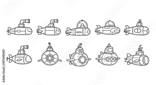 This collection features various submarine designs, perfect for illustrating underwater exploration, naval themes, and scientific educational content. Ideal for learning and creative projects.